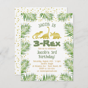 Invitación 3 Rex Dinosaurio Tropical Greenery Boy 3 cumpleaño