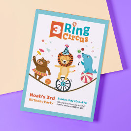 Invitación 3-Ring Circus Animals Niños Tercer Cumpleaños Invi