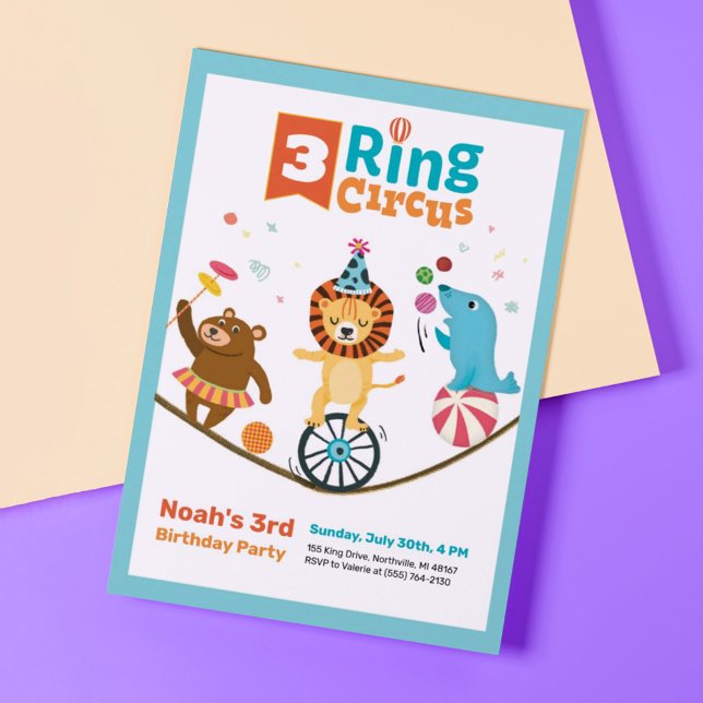 Invitación 3-Ring Circus Animals Niños Tercer Cumpleaños Invi (Subido por el creador)