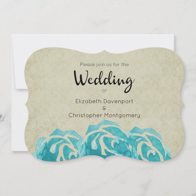 Invitación 3 Verde azulados Rosas de acuarela en una boda tan (Anverso)
