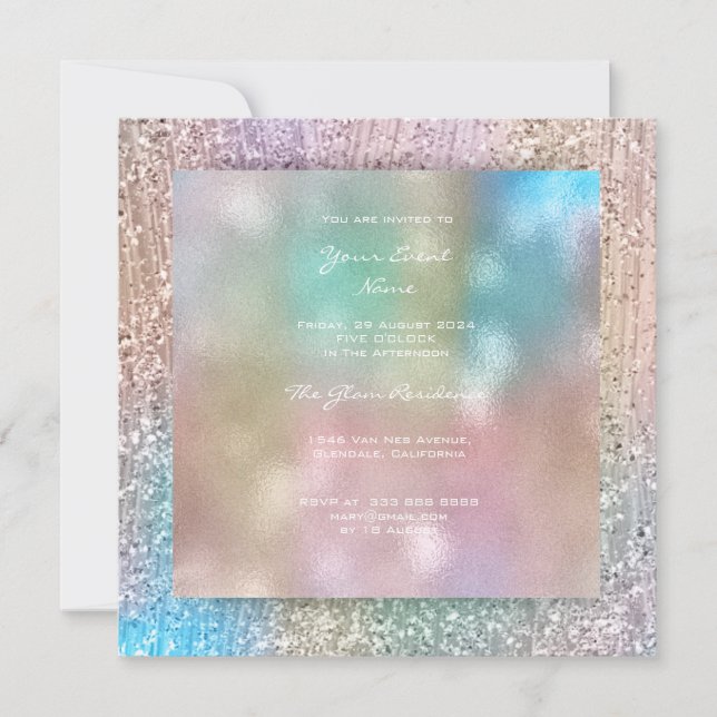 Invitación 3D Azul Rosa Ombre Tiffany Pastel Cristales Verde (Anverso)