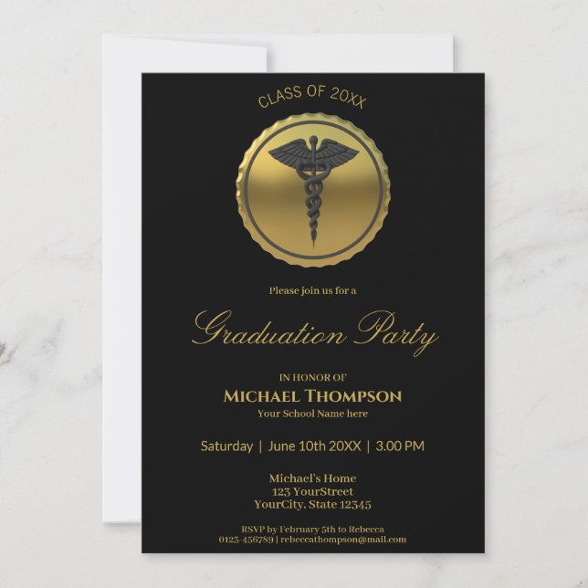 Invitación 3D Gold Medical Caduceus Emblem Graduation (Anverso)