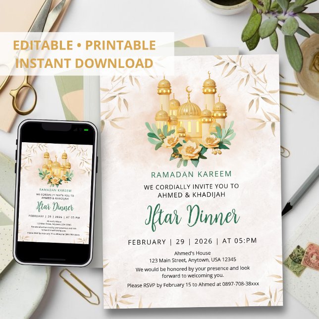 Invitación 3D Gold Mosque and Floral Ramadan Iftar Dinner (Subido por el creador)