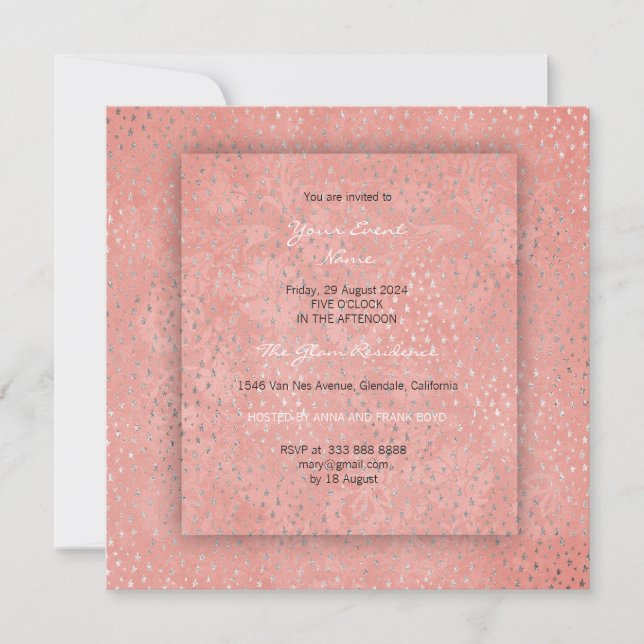 Invitación 3D Peach Coral Silver Stars Damask Bridal Shower (Anverso)