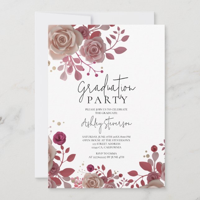 Invitación 3D Rose Bouquet foto floral graduación botánica (Anverso)