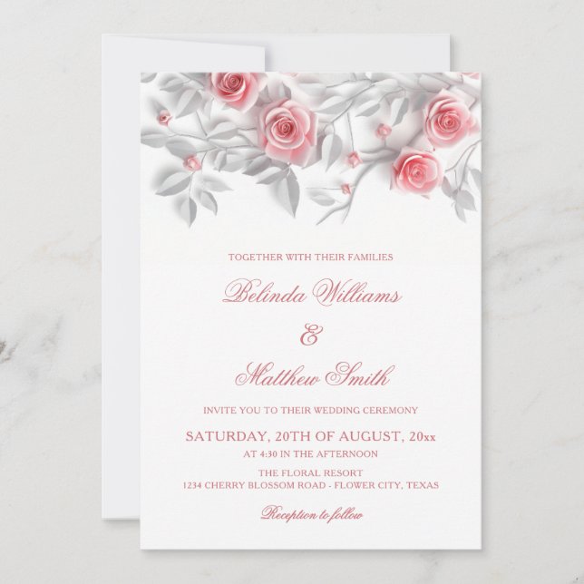Invitación  3D Roses Simple White Floral Wedding (Anverso)