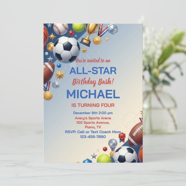 Invitación 3D Sports Champion All Star Birthday Party (Anverso de pie)