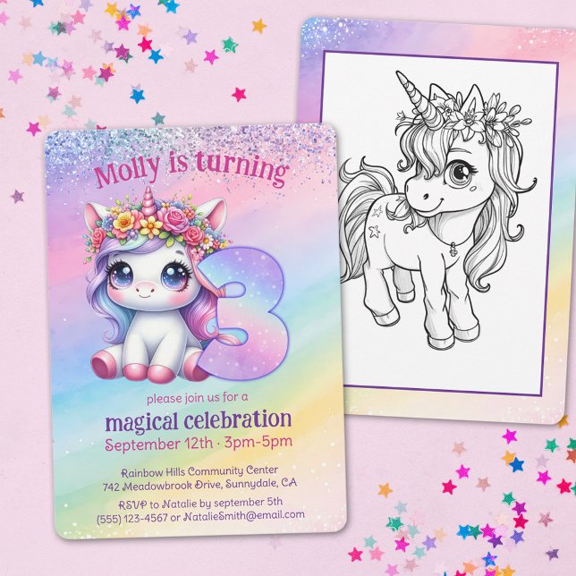 Invitación 3er cumpleaños de Unicornio mágico arcoiris (Subido por el creador)