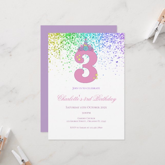 Invitación 3rd birthday in pink and lilac birthday party (Anverso/Reverso In Situ)