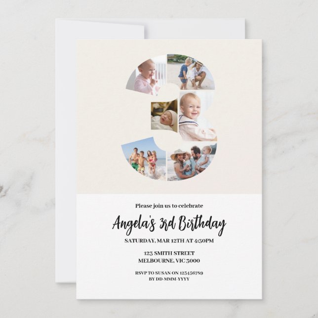 Invitación 3rd Birthday Invitation Minimalist - Number 3 (Anverso)