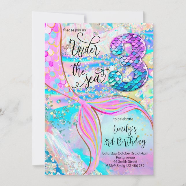 Invitación 3rd Mermaid Birthday Under the Sea Invitation (Anverso)