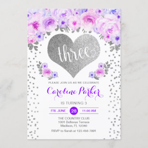 Invitación 3ro cumpleaños - floral púrpura blanco del corazón