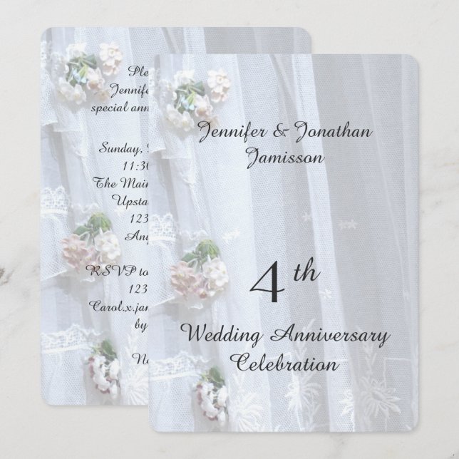 Invitación 4º Cumpleaños de Bodas Fiesta, Encaje Antiguo (Anverso / Reverso)