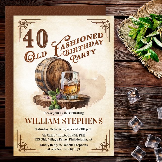 Invitación 40ª Fiesta de Cumpleaños de Barril de Whisky al Es (Old Fashioned whiskey barrel 40th birthday invitation vintage masculine style)
