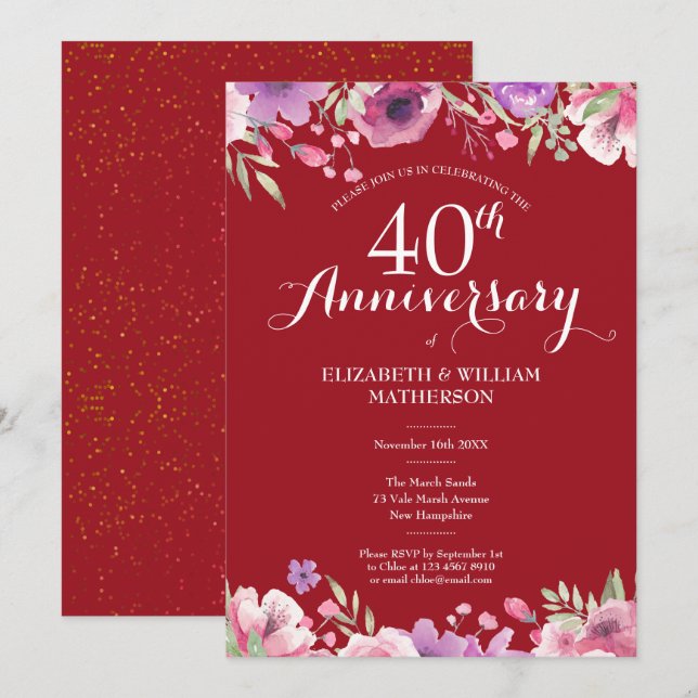 Invitación 40º aniversario de boda de rubí elegante floral ca (Anverso / Reverso)