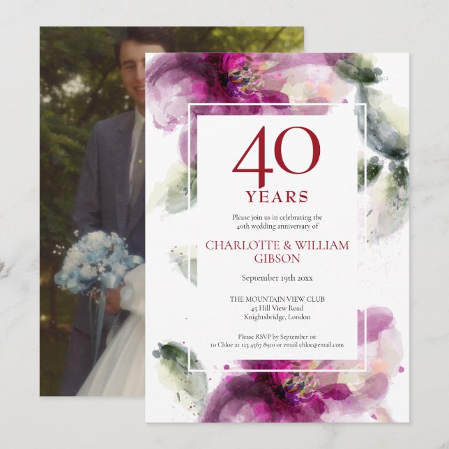 Invitación 40º aniversario de boda foto de lirios floral Ruby (Anverso / Reverso)