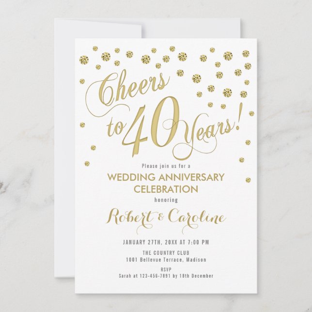 Invitación 40º Aniversario de Boda - Oro y Blanco (Anverso)