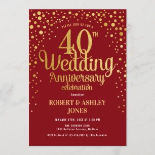 Invitación 40º Aniversario de Boda - Rojo Rubí y Dorado