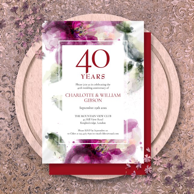 Invitación 40º Aniversario de Boda Ruby Chic Lirios Floral  (40th Ruby Wedding Anniversary Chic Lilies Floral Invitation)