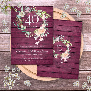Invitación 40º Aniversario de Bodas de Madera Roja Rubí Flora