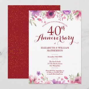 Invitación 40º Aniversario de Bodas de Rubí Acuarela Floral