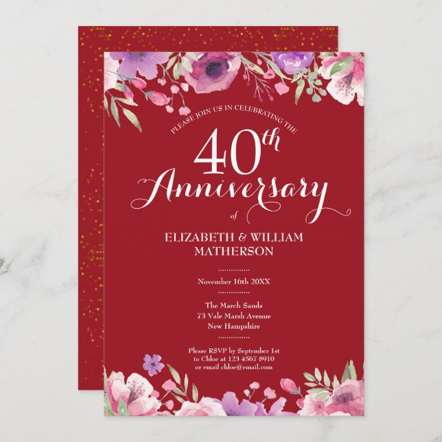 Invitación 40º aniversario de bodas de rubí Chic Floral Campe (Anverso / Reverso)