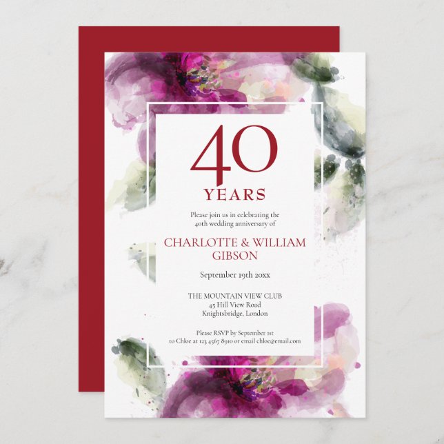 Invitación 40º Aniversario de Bodas de Rubí Chic Lirios Flora (Anverso / Reverso)