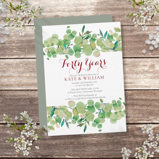 Invitación 40º Aniversario de Bodas de Rubí Chic Vegetación  (40th Ruby Wedding Anniversary Chic Greenery Invitation)
