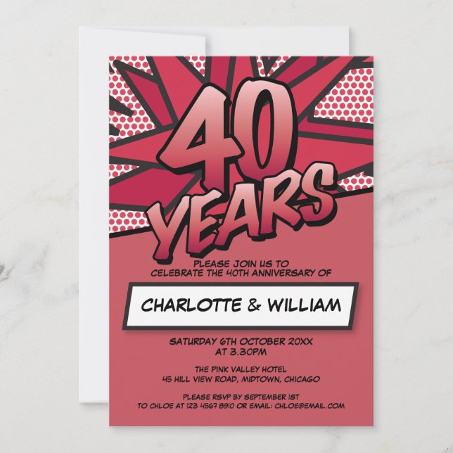 Invitación 40º Aniversario de Bodas de Rubí Diversión Moderna (Anverso)
