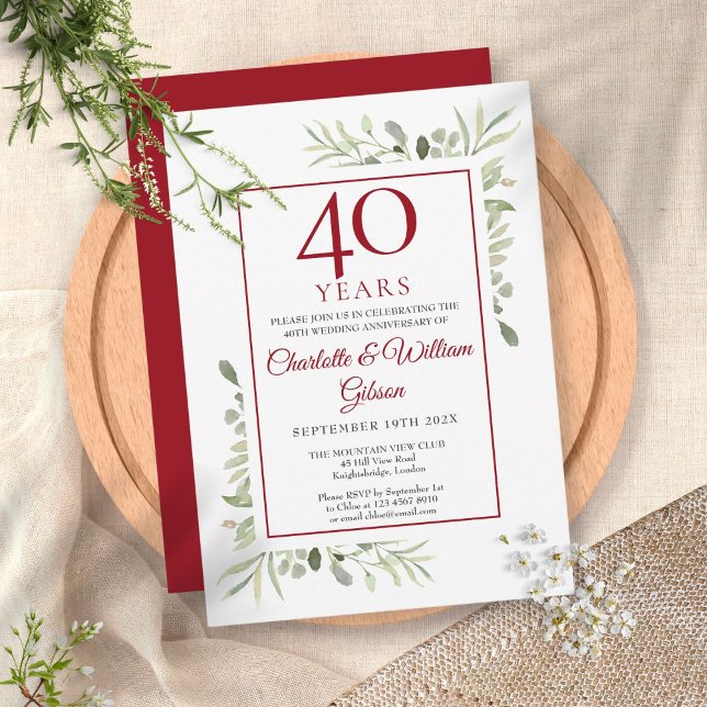 Invitación 40º Aniversario de Bodas de Rubí Elegante Verdor  (Subido por el creador)