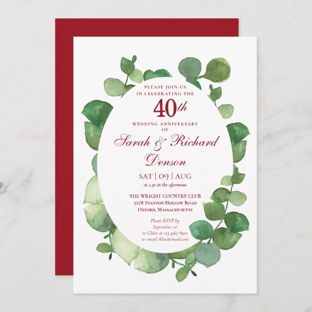 Invitación 40º Aniversario de Bodas de Rubí Eucalipto Verde (Anverso / Reverso)