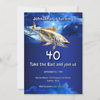 Invitación 40º cumpleaños de pesca lubina tema hombre océano