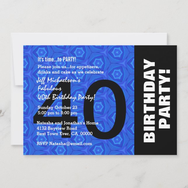Invitación 40º cumpleaños Fiesta Royal Blue y Black V15 (Anverso)