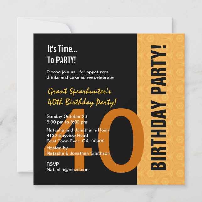 Invitación 40º cumpleaños, oro moderno y negro C843 (Anverso)