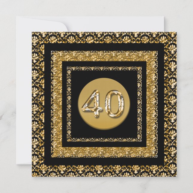 Invitación 40º damasco negro dorado elegante (Anverso)