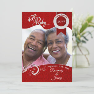 Invitación 40º Damask Foto Personalizada Vibrante Rubí Rojo