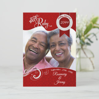 Invitación 40º Damask Foto Personalizada Vibrante Rubí Rojo