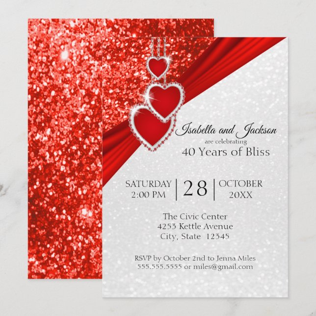 Invitación 40º Diseño de aniversario de Glitter Rojo Brillant (Anverso / Reverso)