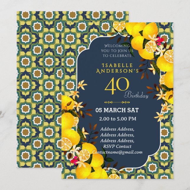 invitación 40º Lemon Mediterranean Amarillo Azul (Anverso / Reverso)