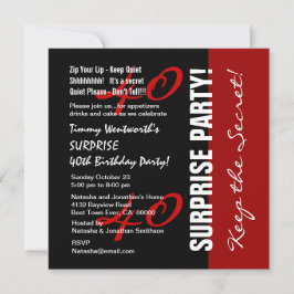 Invitación 40º SORPRESA cumpleaños blanco negro rojo W1895