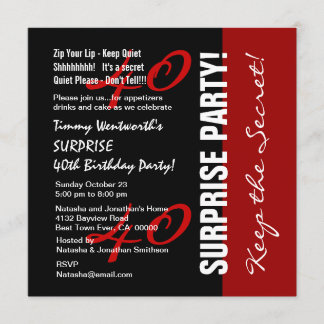 Invitación 40º SORPRESA cumpleaños blanco negro rojo W1895