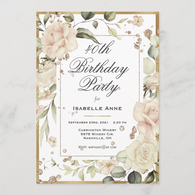Invitación 40.ª 40 Cuatrocientos Cumpleaños De Oro Acuarela (Anverso)