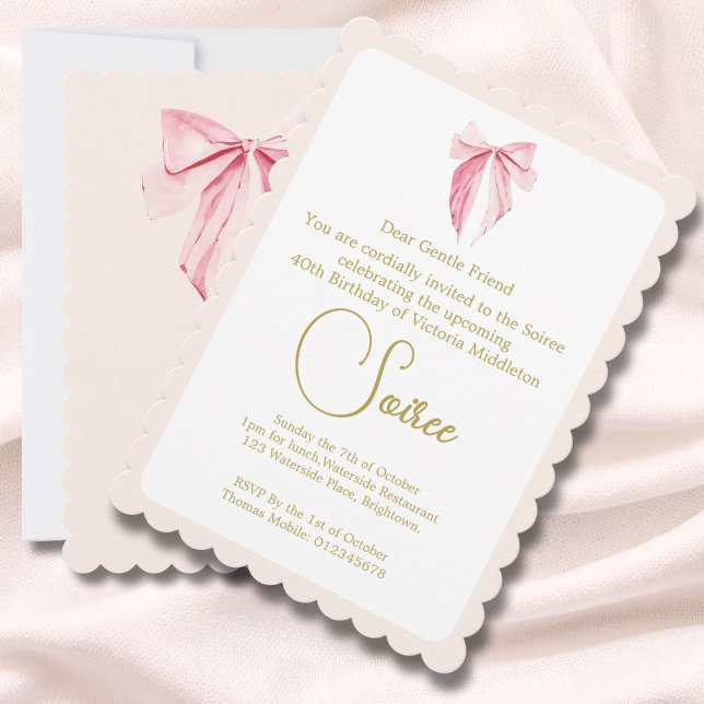Invitación 40.ª acuarela Pink Elegant Birthday Bow (Subido por el creador)