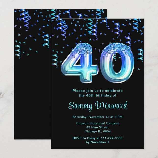 Invitación 40.ª celebración de globos oceánicos con confetti (Anverso / Reverso)