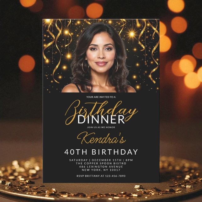 Invitación 40.ª cena de cumpleaños, oro y foto negra (Subido por el creador)