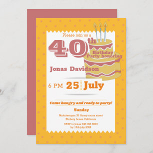 Invitación 40.ª colorida mostaza retro rosa Fiesta de cumplea