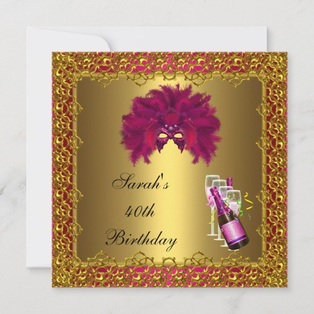 Invitación 40.ª Enmascarada Rosa Champagne Gold Lace (Anverso)