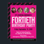 Invitación 40.ª festividad de círculos de fotos en blanco y n<br><div class="desc">Impulso gráfico sencillo de color rosa caliente, negro y blanco unisex plantilla de fotos 40 cumpleaños invitación. Personalice esta invitación de cumpleaños con sus propios detalles de la fiesta de cumpleaños, y cuatro fotos diferentes una de cada década de su chica de cumpleaños en los círculos fotográficos. Están disponibles colores...</div>
