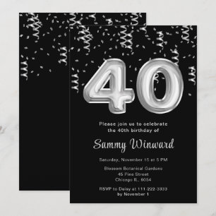 Invitación 40.ª festividad de globos de plata con confetti