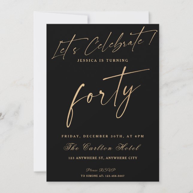Invitación 40.ª Fiesta De Aniversario Elegante De Negro Y Oro (Anverso)